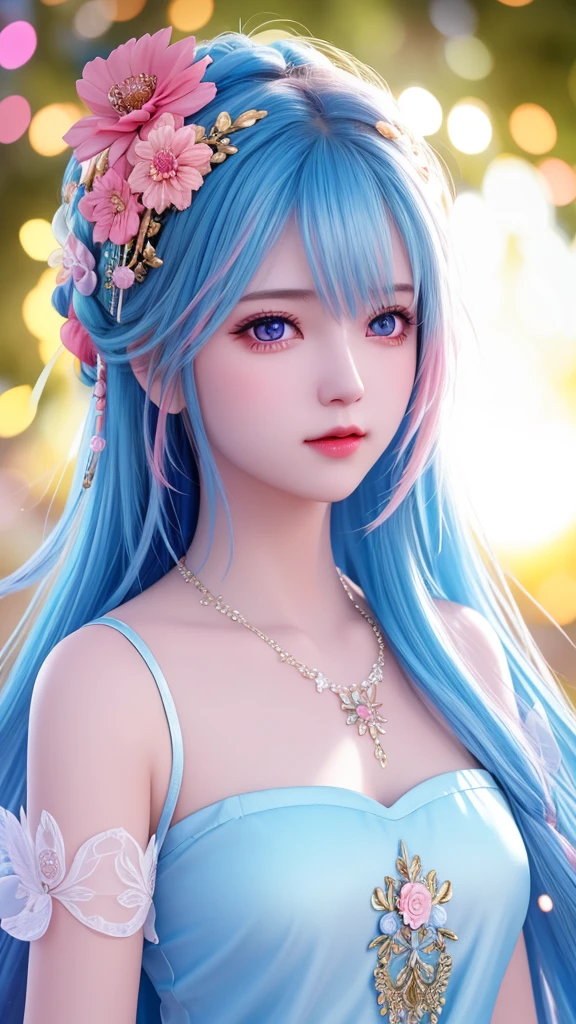 best quality, masterpiece, High target, There is a girl with a basket of flowers on her head, beautiful clothes, Hair Decorationss, necklace, Decorations, Pretty Face, When the body, Tyndall effect, Realistic Portraits, Edge lighting, Two-color light, (Very delicate skin:1.2), 8K uhd, Digital SLR Camera, Soft Light, high quality, Volumetric Lighting, Honest, photo, high resolution, 4K, 8K, Bokeh, Blue hair,pink hair tips, Pink Eyes.