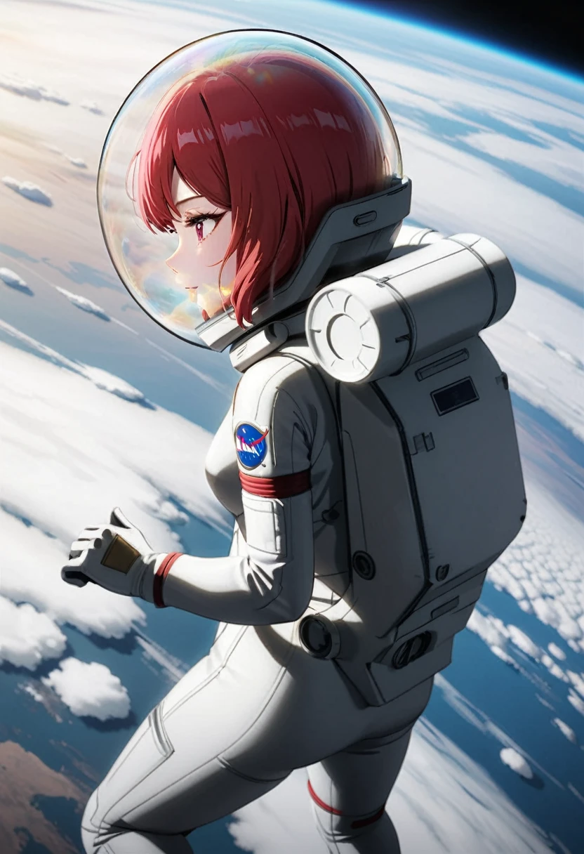 eva helm, spacesuit , astronaut), from above, pink hair, bubble helmet, space helmet,wearing a (spacesuit:1.15), white cargo pants, hovering, flying, moon surface, earth, floating pose, happy, smilebeautiful 8k wallpaper, highly advanced, (sleek design:1.3), intricate, highres, superb, 8k wallpaper, extremely detailed, intricate,(from side, maki Nishikino