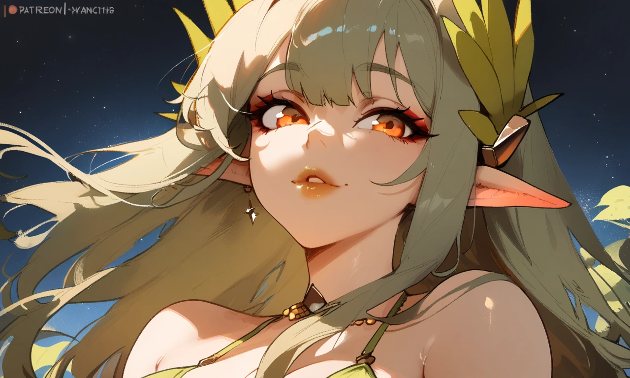 1girl, muelsyse \(arknights\), arknights \\\\\ masterpiece, best quality, very aesthetic, absurdres, newest \\\\\\ simple background, space background. lime bikini, greenery, water, orange eyes,elf ears, slim body,///// ,by nyantcha, , cutesexyrobutts,khyle ,,////// 18 years old girl,thin waist ,,solo, , stars, ^_^, portrait, ,detailed face, red glossy lips