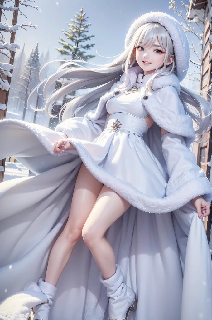 masterpiece、Highest quality、1 girl, winter, platinum blonde hair, Cute girl, smile, close mouse, medium breasts, sideboob:1.2, white dress, winter clothes, long skirt, Fur coat、Small waist、Thin legs、outdoors, snow falling