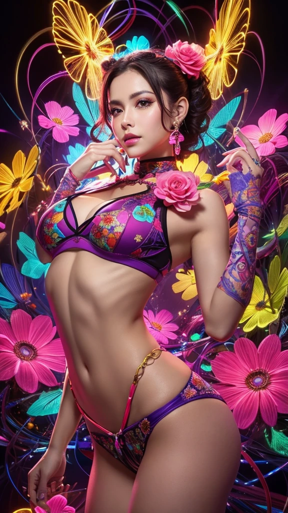 masterpiece, Highest quality, Highest quality,neon official art, Realistic and aesthetic beautiful woman:1.2), (One girl:1.3), Very detailed,(Fractal Art:1.1),(colorful:1.1)(Flowers:1.3),Most detailed,(Tangled:1.2), (Dynamic pose), (neon abstract background:1.3), (Glowing Skin), (Many colors:1.4), ,(Earrings:1.4), neon ,whole body