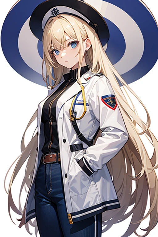 woman in her 20s, Mexican, slim build, nurse uniform, white coat, blue pants, long blonde hair, spiky hair, blue eyes, looking directly at viewer white background