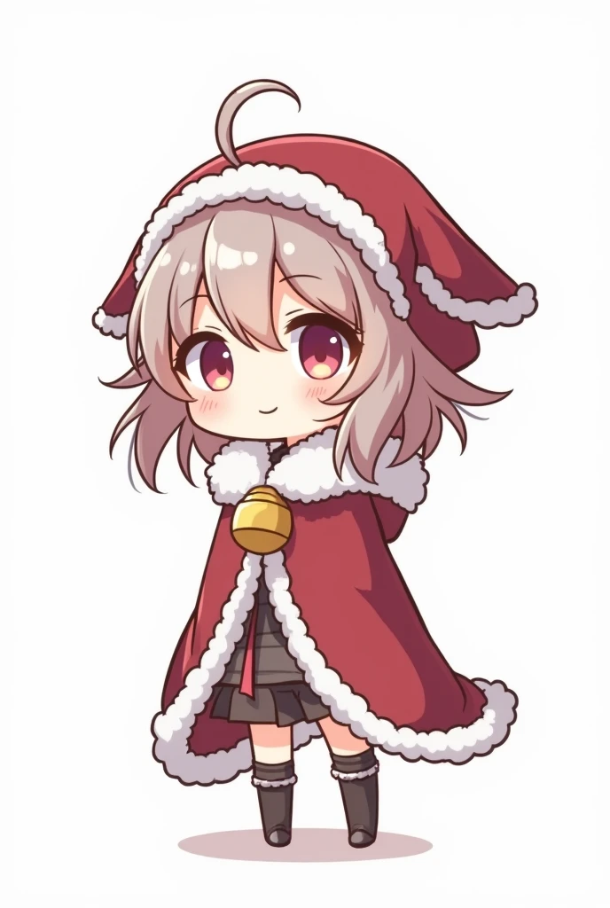 work of art,best qualityer,hired_(child), 1 girl, hired \(impacto genshin\), standing alone, white background, neck bell, hooded cloak, chibi, simple background, Fur trim