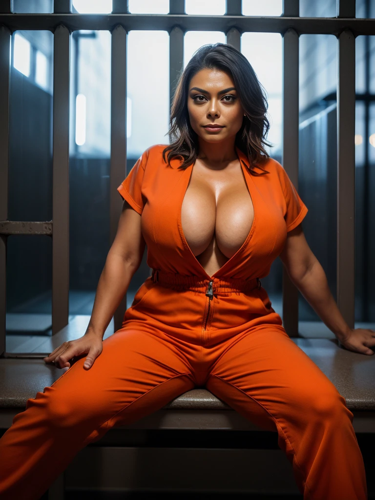 Full body, photorealistic, ultra detailed, ((Juliana Paes :1.1)) 46 years old woman wearing a ((orange jumpsuit)), tight jumpsuit, (((sitting in a prison cell))), iron bars, sharp focus, (((Mature huge cleavage : 1.2))), ((wide angle 35mm)), (atmospheric illumination), night sky, moonlight entering through the window, volumetric illumination, specular illumination, moon rays, ray tracing, underground scattering,  ray transmission, prison background, eyes looking at the camera, sharp focus, extreme focus, super detailed focus, extreme bokeh, night sky, ambient light, volumetric lighting, ray tracing, reflection, refraction, underground scattering, ray transmission, ray transmission, moon rays, HDR, sharp focus, extreme focus, super detailed focus, DOF, extreme DOF, Bokeh, extreme Bokeh,  High Quality, Highest Quality, 8K, 16K, Fotorrealistic, Fotorreal