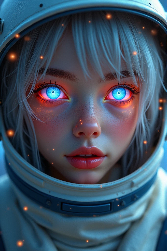 (Close-up of a better masterpiece: 1.5) 0.9], (Space and astronauts: 1.2) (Disheveled silver hair: 1.1) (Xanthochromia heterochromia and blue eyes: 1.2) (space helmet: 1.0) (colorful stars in the eyes: 1.0) (A radiant glow: 1.1) (thick lips: 0.9)