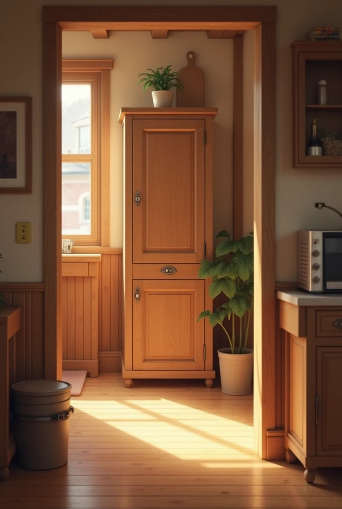 The cupboard is in between the table and the door.