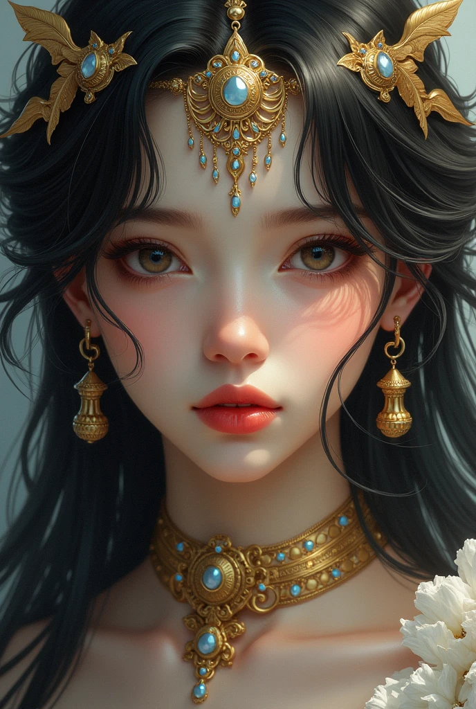 Beautiful painting of a girl face wearing jewellery in wlop art style