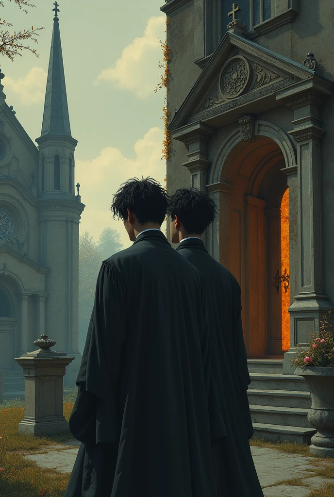 A vertical division, They are two male twins, On one half a twin praying in a cemetery and on the other half the other twin but praying at the door of a church guiding the souls in pain., remembers one praying in a cemetery and the other in front of a church, DIVISION, ONE DIVISION ONE TWIN AND IN THE OTHER THE OTHER TWIN 