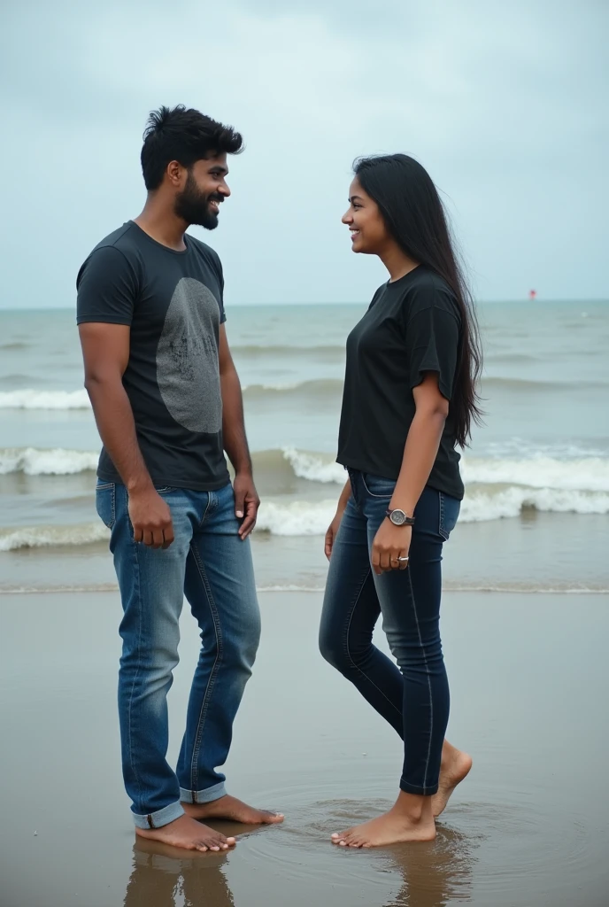 A boy age 27 south India from andhrapradesh wear jeans and t-shirt dusky skin and there was a girl age 25 north India from mumbai looks very modern she wears western dress looks very beautiful and active. Two are having fun on the beach, they are laughing between them have some space. Cloudy climate and its full raining.