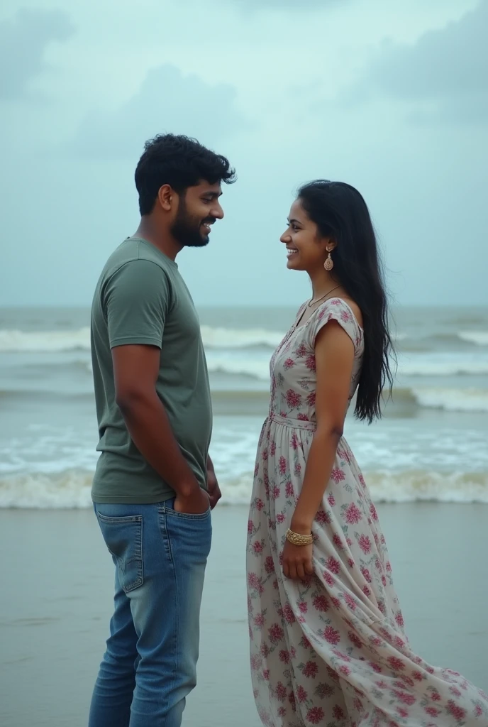A boy age 27 south India from andhrapradesh wear jeans and t-shirt dusky skin and there was a girl age 25 north India from mumbai looks very modern she wears western dress looks very beautiful and active. Two are having fun on the beach, they are laughing between them have some space. Cloudy climate and its full raining.
