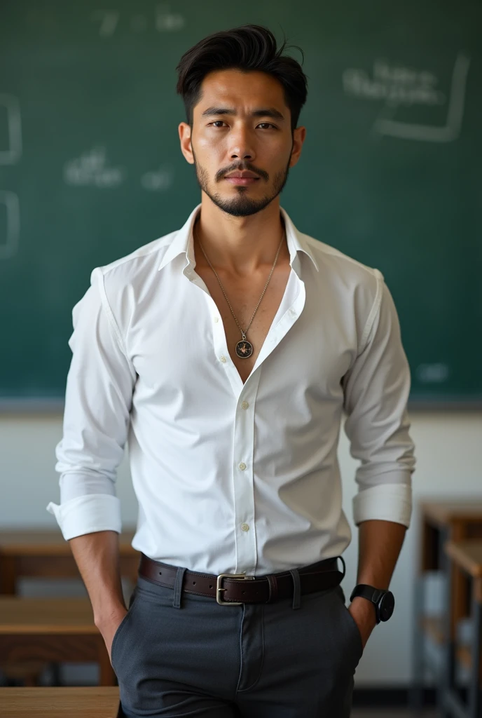 Vietnamese man, 30years old, Handsome and elegant, Wearing a uniform, sexy , Masculine and handsome,musculous,Muscles look good,hairy bodies, with fair skin, 黑The eye(thin eyes 1:3), Full body photo,(ultra-detailed, photorealistic, best quality, 4k, 8k, highres, masterpiece:1.3), a mature man, charming and distinguished , (muscular build body), wearing tailored shiny white dress shirt, with the top button casually undone, perfectly fitted charcoal trousers, sweat, unbutton buttons shirt, lewd face ,tight chest, sex,See-through shirt, erotic, horny, look straight, Accessories include a luxury wristwatch, understated cufflinks, and a simple yet elegant leather belt, in the Classroom,looking at viewer,muscle veins,