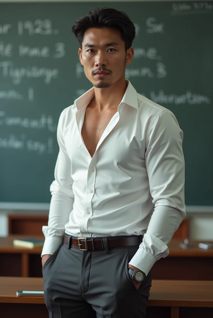 Vietnamese man, 30years old, Handsome and elegant, Wearing a uniform, sexy , Masculine and handsome,musculous,Muscles look good,hairy bodies, with fair skin, 黑The eye(thin eyes 1:3), Full body photo,(ultra-detailed, photorealistic, best quality, 4k, 8k, highres, masterpiece:1.3), a mature man, charming and distinguished , (muscular build body), wearing tailored shiny white dress shirt, with the top button casually undone, perfectly fitted charcoal trousers, sweat, unbutton buttons shirt, lewd face ,tight chest, sex,See-through shirt, erotic, horny, look straight, Accessories include a luxury wristwatch, understated cufflinks, and a simple yet elegant leather belt, in the Classroom,looking at viewer,muscle veins,