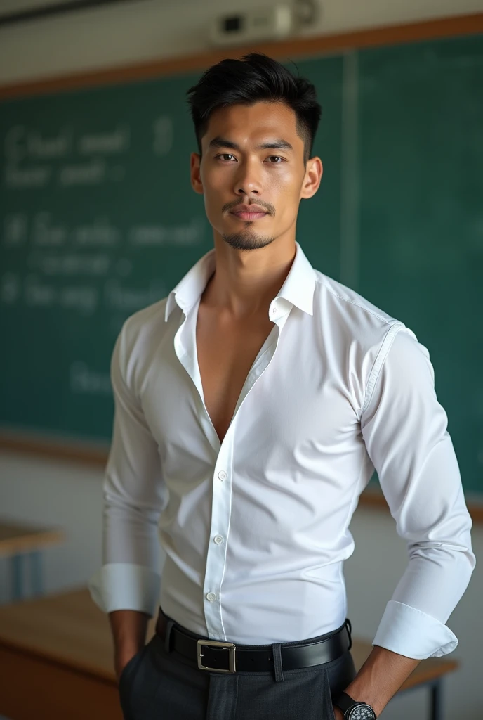 Vietnamese man, 30years old, Handsome and elegant, Wearing a uniform, sexy , Masculine and handsome,musculous,Muscles look good,hairy bodies, with fair skin, 黑The eye(thin eyes 1:3), Full body photo,(ultra-detailed, photorealistic, best quality, 4k, 8k, highres, masterpiece:1.3), a mature man, charming and distinguished , (muscular build body), wearing tailored shiny white dress shirt, with the top button casually undone, perfectly fitted charcoal trousers, sweat, unbutton buttons shirt, lewd face ,tight chest, sex,See-through shirt, erotic, horny, look straight, Accessories include a luxury wristwatch, understated cufflinks, and a simple yet elegant leather belt, in the Classroom,looking at viewer,muscle veins,