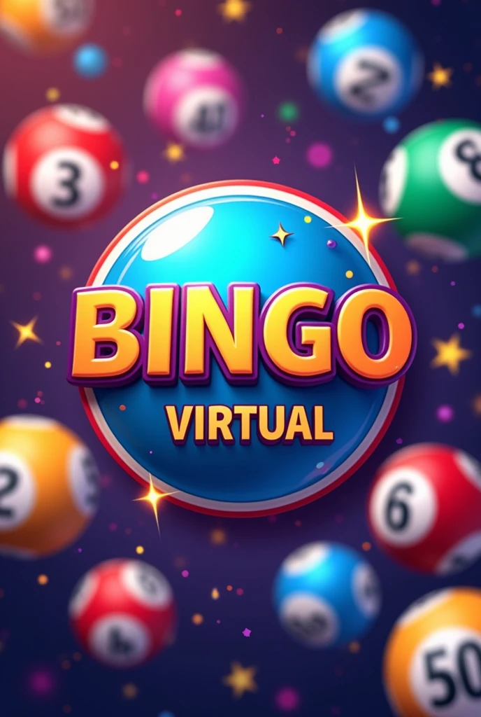 logo image "bingo virtual", background balls of numbers and colors, simple and legible lettering, include sentence "Have fun wherever you are" under the title.