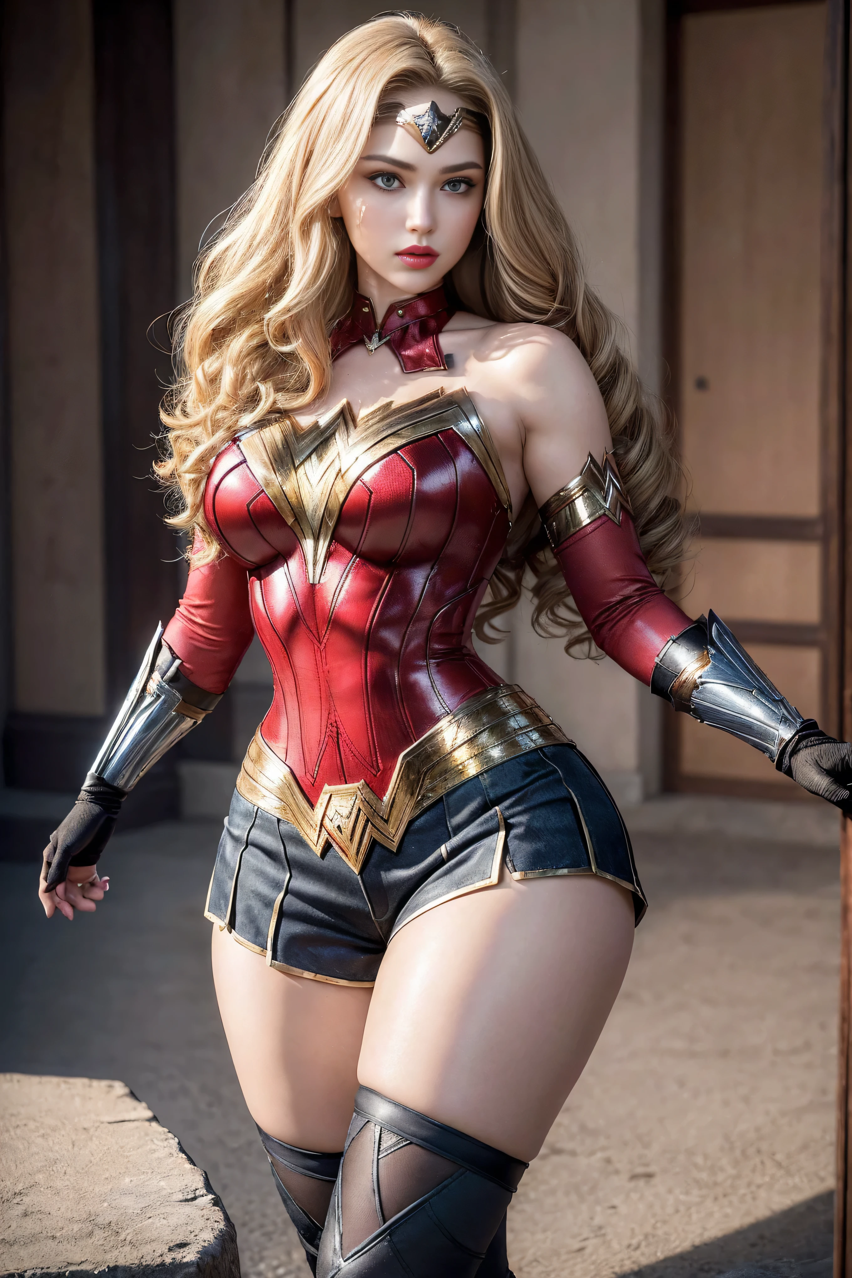 1 girl, (((17 years))), (((Perfect body))), masterpiece, best quality, 8K, Extremely detailed skin texture, Extremely detailed fabric texture, Beautiful and delicate face, (((Extremely beautiful))), Intricate details, Extremely detailed, ((Wonder Woman-style Black Widow)), (((Curly Blonde))), Extremely beautiful blonde, (((Extremely detailed long hair))), big red hairtie, Ponytail, Dynamic poses, ((Clothes that show thighs)), (Extremely detailed legs), ((shorts)), ((skirt)), (((Wide hips))), (Extremely detailed thick thighs), Sexy, Sexy pose, (((Extreme hourglass figure))), Extremely detailed deep red lipstick, Extremely detailed lips, Extremely detailed blue eyes, Beautiful appearance, (Slanted eyes), Extremely detailed provocative mouth, Extremely beautiful seductive lips, blush, Professional Makeup, Eyeshadow.