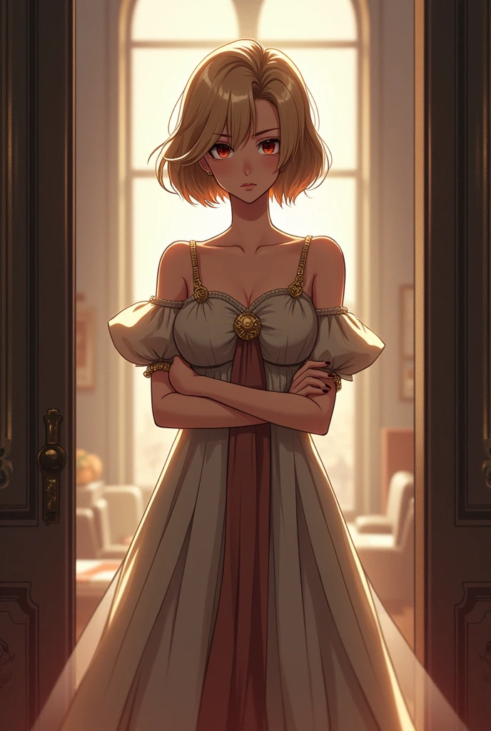 Masterpiece, Excellent, (Office: 1.8), CG drawing with super high detail, standing, 1 royal sister, angry, a woman with short tan hair, layered dress, hands crossed at waist, facing the audience, illustration, wide angle panorama