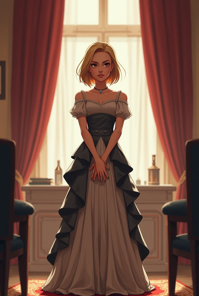 Masterpiece, Excellent, (Office: 1.8), CG drawing with super high detail, standing, 1 royal sister, angry, a woman with short tan hair, layered dress, hands crossed at waist, facing the audience, illustration, wide angle panorama
