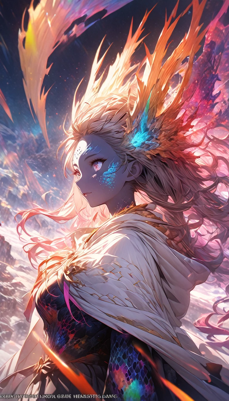 (masterpiece, Highest quality, Highest quality, Official Art, beautifully、aesthetic:1.2), (One girl), Highly detailed eyes, (Fractal Art:1.3), colorful, Most detailed, (Perfect Face), Glowing Skin, High resolution, (White cloak, golden lines:1.2), Milky Way, (Streaks of Light), Impressive visuals, (Dynamic stripes, Light trail:1.2), Vibrant colors, (Phoenix), (Dragon) (Realistic skin texture:1.3), rtrophto1