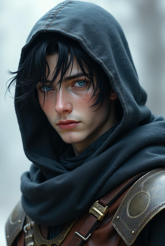 Low elf male with alabaster skin, blue eyes, black hair, the face is unremarkable and covered with a scarf, and part of the head and ears are covered by a hood, dressed in light leather armor.