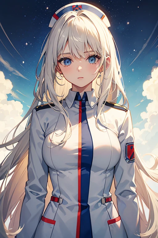 woman in her 20s, Mexican, slim build, nurse uniform, white coat, blue pants, long blonde hair, spiky hair, blue eyes, looking directly at viewer white background