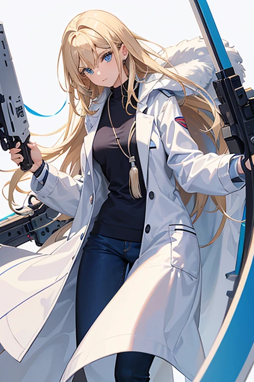 woman in her 20s, Mexican, slim build, nurse uniform, white coat, blue pants, long blonde hair, spiky hair, blue eyes, looking directly at viewer white background