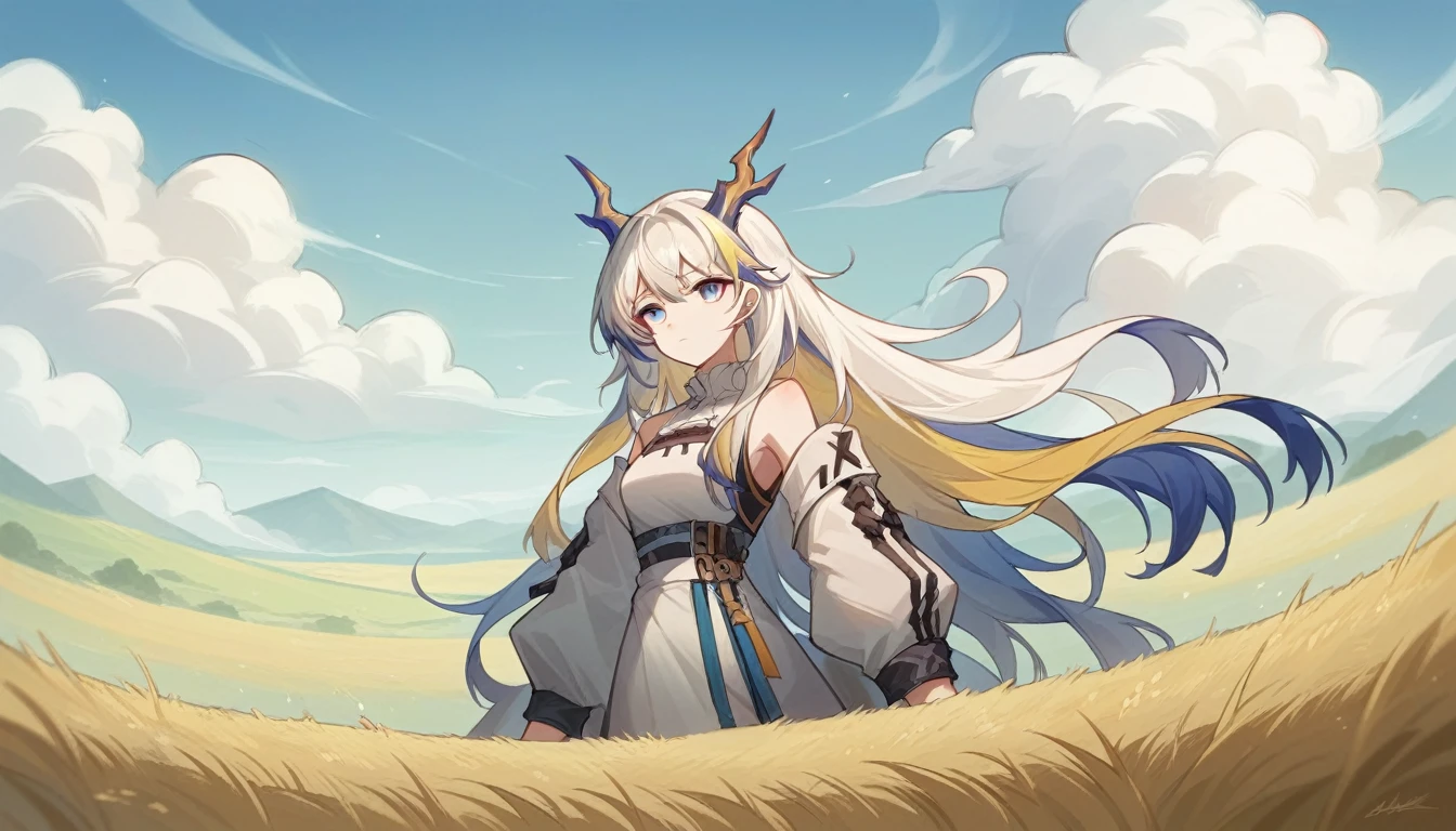 1girl, masterpiece, best quality, highres, rice field, white hair, yellow gair, blue eyes, dragon horns, long hair, multicolored hair shu_arknights