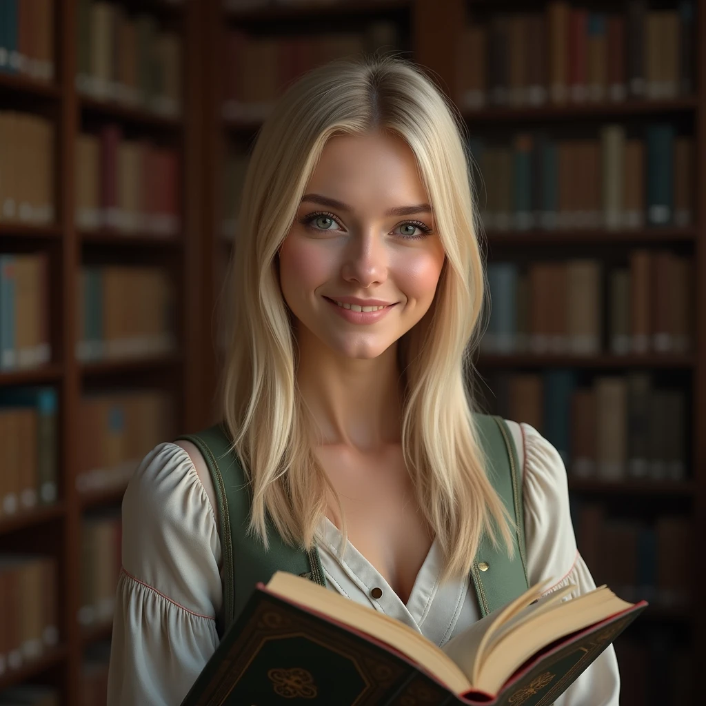 ((最high quality, 8K, masterpiece: 1.3, Ultra HD, high quality, 最high quality, High resolution, realism)) 、A 22-year-old extremely beautiful white woman、Hair color blonde、blue eyeedium Hair、Straight Hair、smile、Slender but well-proportioned body、Background blur((depth of field))、Aerial perspective((atmospheric perspective))、I want my head to stay off screen、Put an anklet on your ankle、Wearing red nail polish、I have a peticure、Search for books in the archives of a historic library、Librarian、stepladder((step))Sit down and read a book