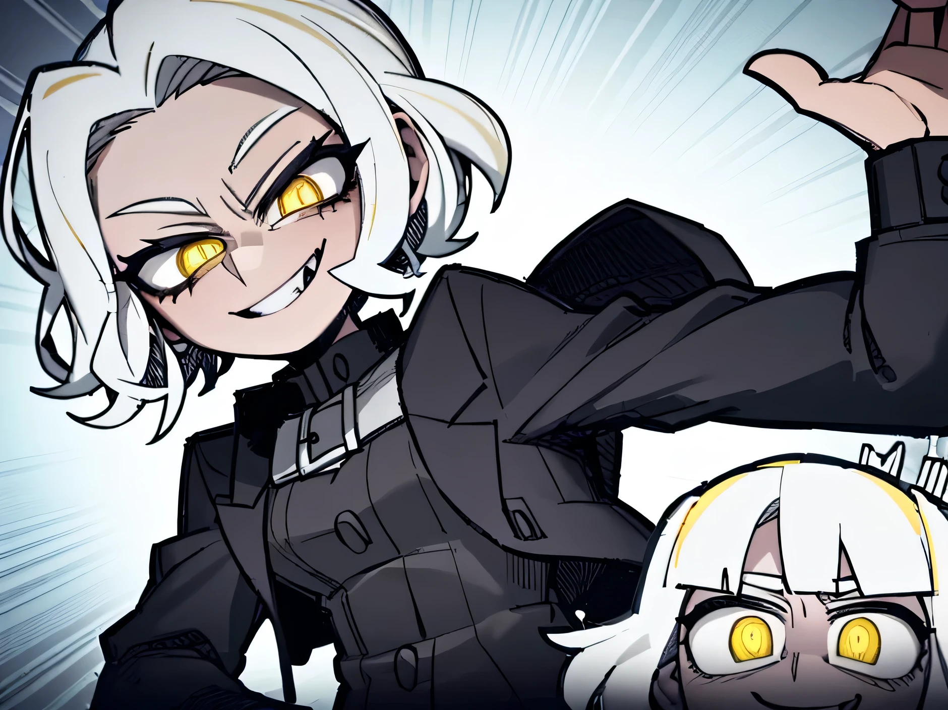 boy, ((( evil smile))) happy and wicked facial expression ((( Black jacke))), ((( short branco))), ((( White hair))), (((yellow  eyes))) psychopath, a girl hugging him, ((( girl smiling))) sweet innocent, glad, fly away