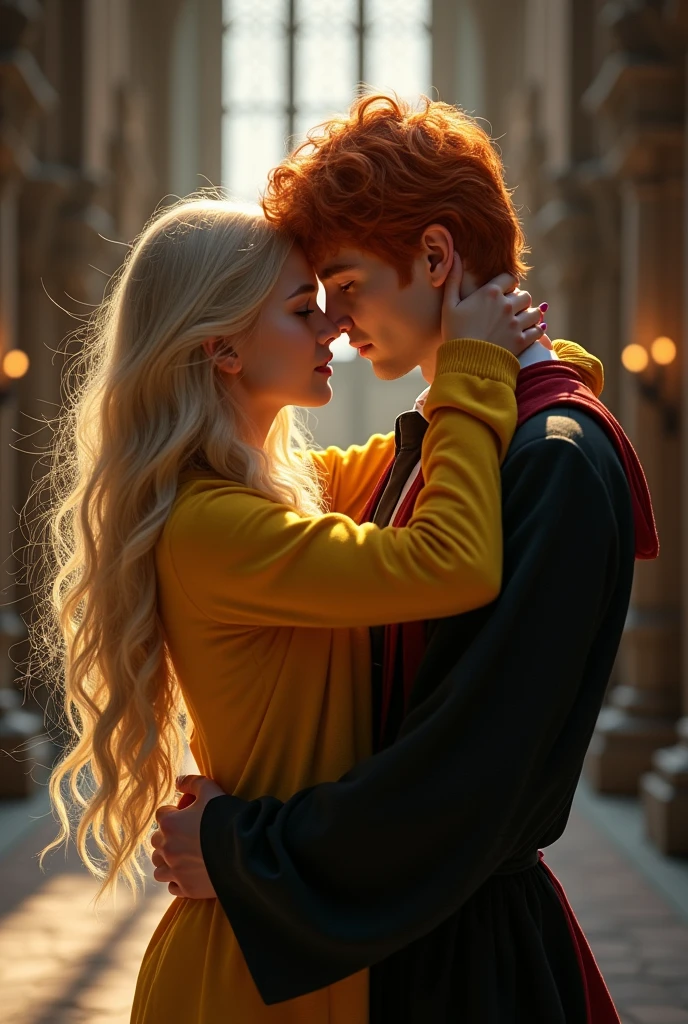 Russian blonde in Hufflepuff uniform kisses Fred Weasley from Gryffindor