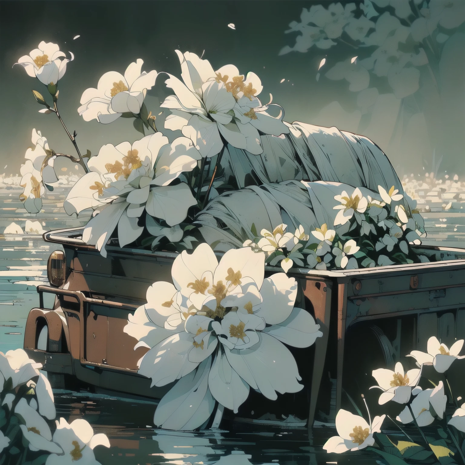 (((Masterpiece, top quality))), (((32K wallpaper))), ultra high resolution, (((close-up))), gorgeous light leak, (((backlit))), highly detailed background, top quality, (((no humans))), highly transparent river, (((extremely detailed rusty heavy truck with many white flowers)),  (((( very dull color )))), (((( white flowers in the water))), (((White petals fly)))