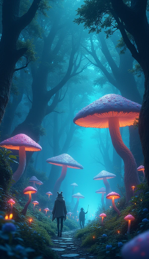 realistic, Viral anime nature wallpaper in 4K quality, in the style of digital illustration inspired by Yoshitaka Amano, showing a mystical forest with giant mushrooms, bioluminescent plants, and ethereal creatures wandering around; cool and mystical color temperature, cosmos lighting with stars twinkling in the sky, no human characters, the atmosphere is otherworldly and enchanting --v 5 --stylize 1000