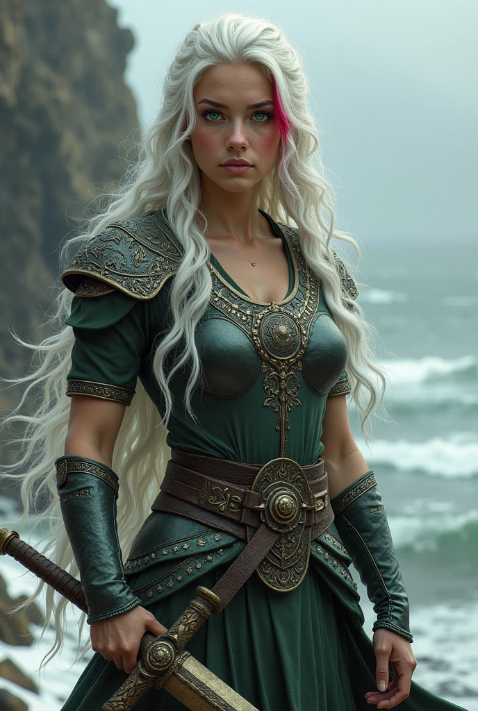 I want a beautiful Viking warrior woman, with hair as white as possible and red streak in it, and emerald green eyes.