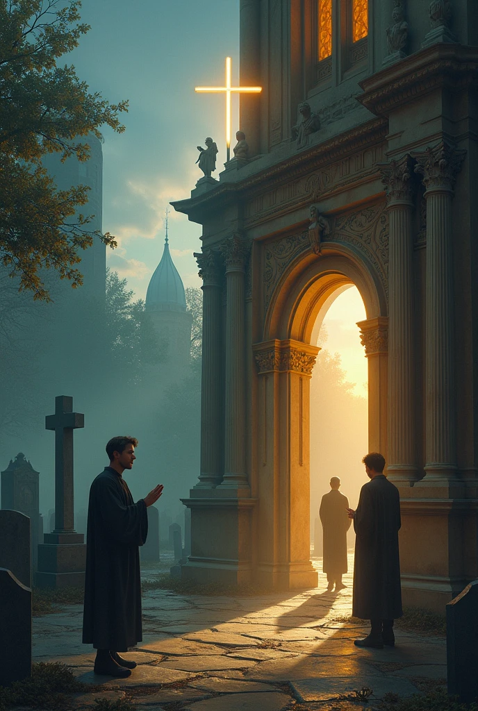 A vertical division, They are two male twins, On one half a twin praying in a cemetery and on the other half the other twin but praying at the door of a church guiding the souls in pain., remembers one praying in a cemetery and the other in front of a church, DIVISION, ONE DIVISION ONE TWIN AND IN THE OTHER THE OTHER TWIN 