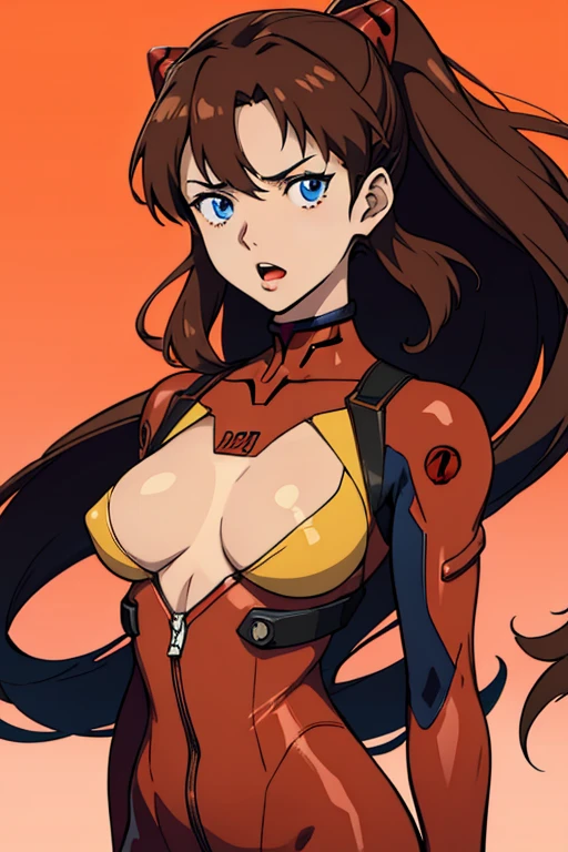 hands_on_own_chest,souryuu_asuka_langley,bodysuit,brown_hair,torn_bodysuit,rebuild_of_evangelion,1girl,large_breasts,upper_body,breasts,long_hair,skin_tight,hair_down,shiny_clothes,hair_ornament,very_long_hair,red_bodysuit,plugsuit,simple_background,solo,neon_genesis_evangelion,lips,highres,evangelion:_3.0+1.0_thrice_upon_a_time,looking_at_viewer,artist_request,blue_eyes,open_mouth,curvy,interface_headset