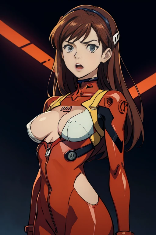 hands_on_own_chest,souryuu_asuka_langley,bodysuit,brown_hair,torn_bodysuit,rebuild_of_evangelion,1girl,large_breasts,upper_body,breasts,long_hair,skin_tight,hair_down,shiny_clothes,hair_ornament,very_long_hair,red_bodysuit,plugsuit,simple_background,solo,neon_genesis_evangelion,lips,highres,evangelion:_3.0+1.0_thrice_upon_a_time,looking_at_viewer,artist_request,blue_eyes,open_mouth,curvy,interface_headset