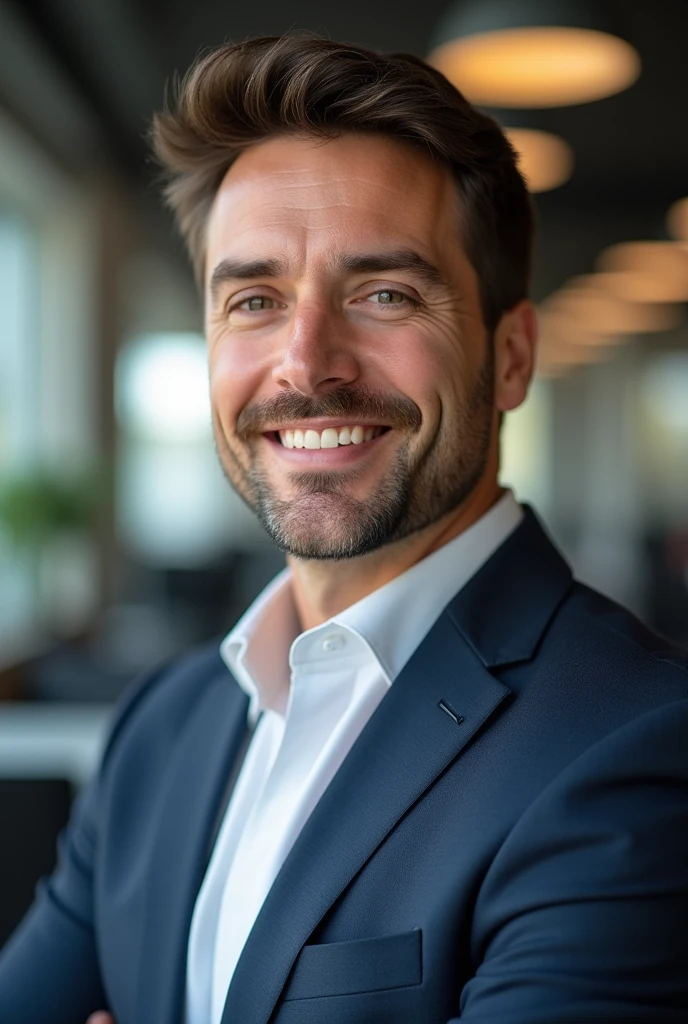 Create a realistic portrait of a professional male in his late 30s to early 40s, with short brown hair and light stubble. He has a confident and approachable expression, wearing a tailored, dark blue suit with a crisp white shirt. The background should be a simple, blurred office setting to emphasize his role as a corporate or business professional. The lighting is soft and natural, highlighting his facial features and professional demeanor