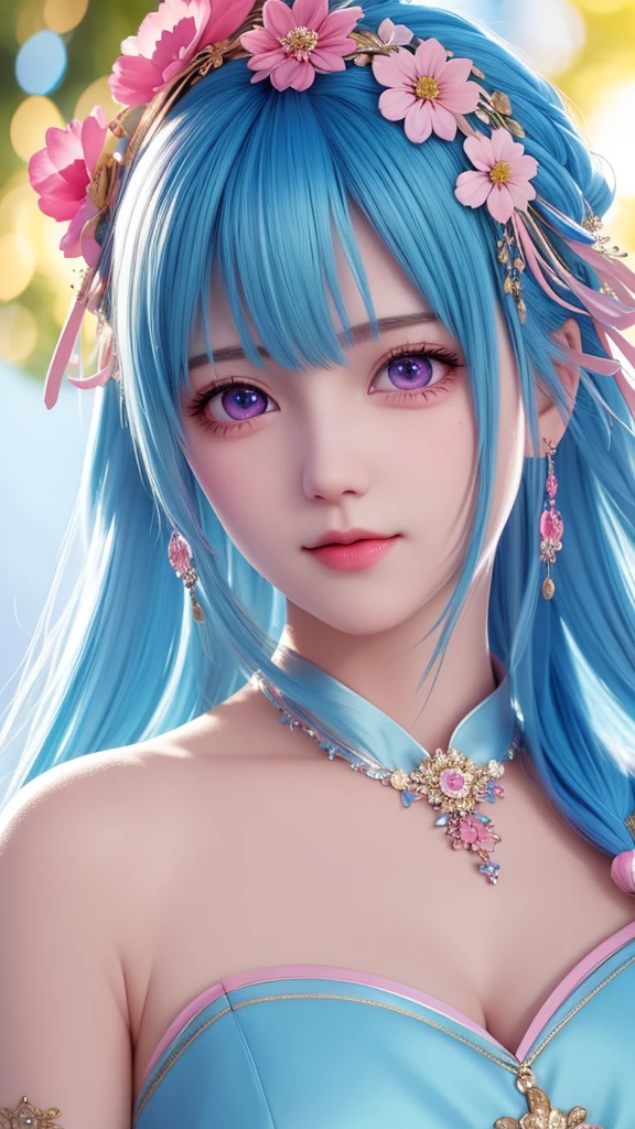 best quality, masterpiece, High target, There is a girl with a basket of flowers on her head, beautiful clothes, Hair Decorationss, necklace, Decorations, Pretty Face, When the body, Tyndall effect, Realistic Portraits, Edge lighting, Two-color light, (Very delicate skin:1.2), 8K uhd, Digital SLR Camera, Soft Light, high quality, Volumetric Lighting, Honest, photo, high resolution, 4K, 8K, Bokeh, Blue hair，pink hair tips, Pink Eyes.