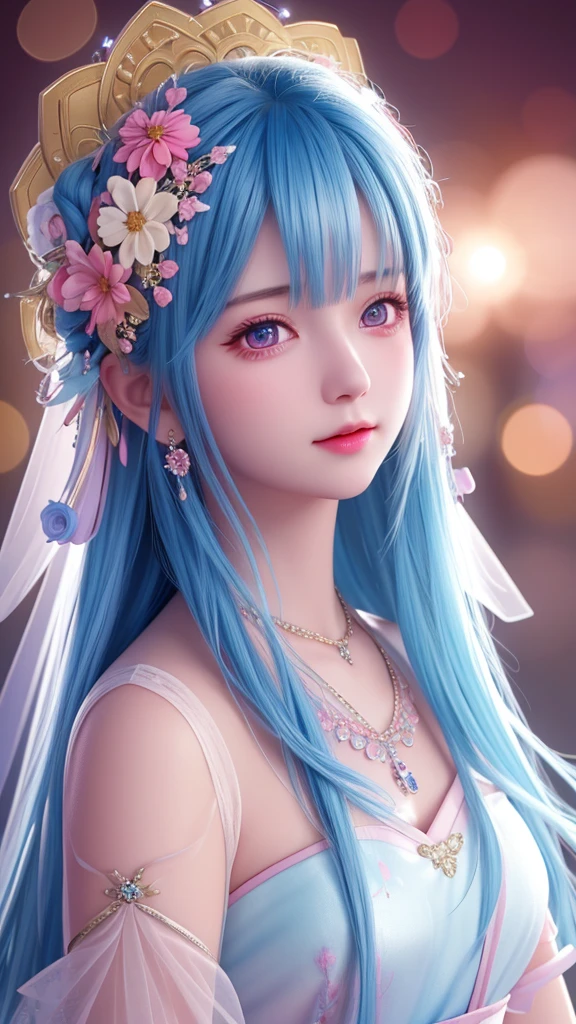 best quality, masterpiece, High target, There is a girl with a basket of flowers on her head, beautiful clothes, Hair Decorationss, necklace, Decorations, Pretty Face, When the body, Tyndall effect, Realistic Portraits, Edge lighting, Two-color light, (Very delicate skin:1.2), 8K uhd, Digital SLR Camera, Soft Light, high quality, Volumetric Lighting, Honest, photo, high resolution, 4K, 8K, Bokeh, Blue hair,pink hair tips, Pink Eyes.