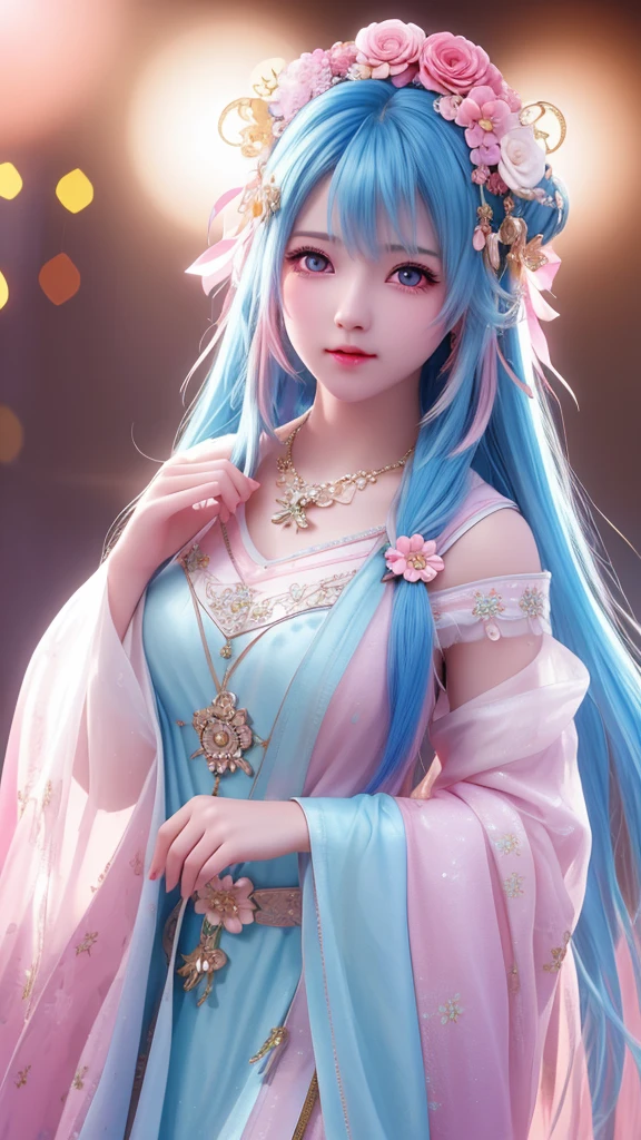 best quality, masterpiece, High target, There is a girl with a basket of flowers on her head, beautiful clothes, Hair Decorationss, necklace, Decorations, Pretty Face, When the body, Tyndall effect, Realistic Portraits, Edge lighting, Two-color light, (Very delicate skin:1.2), 8K uhd, Digital SLR Camera, Soft Light, high quality, Volumetric Lighting, Honest, photo, high resolution, 4K, 8K, Bokeh, Blue hair，pink hair tips, Pink Eyes.