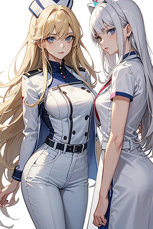 woman in her 20s, Mexican, slim build, nurse uniform, white coat, blue pants, long blonde hair, spiky hair, blue eyes, looking directly at viewer white background