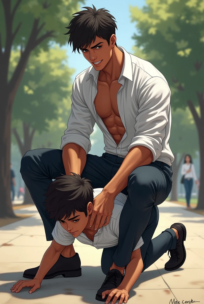 Sexy  school alpha male student prefect with a mischievous smile and tanned body wearing a white shirt, white trousers and black shoes is sitting on another school student's back who is crawling on all fours and carrying him at a public park