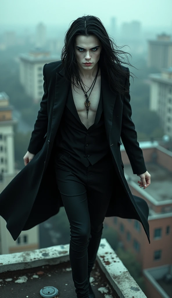 A sexy male with long black hair, with long lashes and teal blue eyes, dressed entirely in gothic black clothes. His skin is white and pale like a vampire, dancing on the edge of a rooftop.