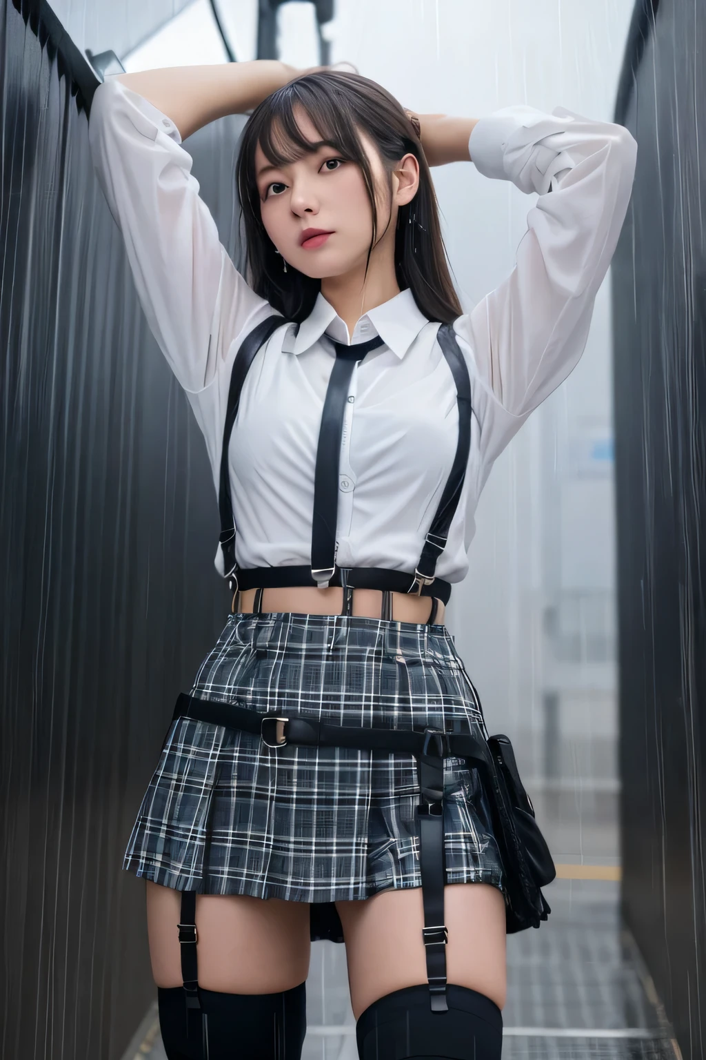 1 female, , high quality, masterpiece, Ultra-high resolution, Cinema Lighting, 1 female, , high quality, masterpiece, Ultra-high resolution, , Cinema Lighting, suspenders Moderate breasts Small face Looking up Sweat Thin belt buzzer 脇Sweat garter belt Belt on pants holster Hands behind your back Looking up Anxious face Knee-high Knee socks Knee-highソックス garter ふとももにgarter belt Checkered mini skirt Panty shot Skirt gap Armament holster holster Hands behind your back Anxious expression Anxious face, legs apart Armament Leg Holster holster See-through clothing heavy rain Rain-soaked dress shirt,Moderate breasts ガーターbelt suspenders Garter on the thigh Checkered mini skirt Looking up Pause belt Armpit sweat Hands behind back Raise your hands