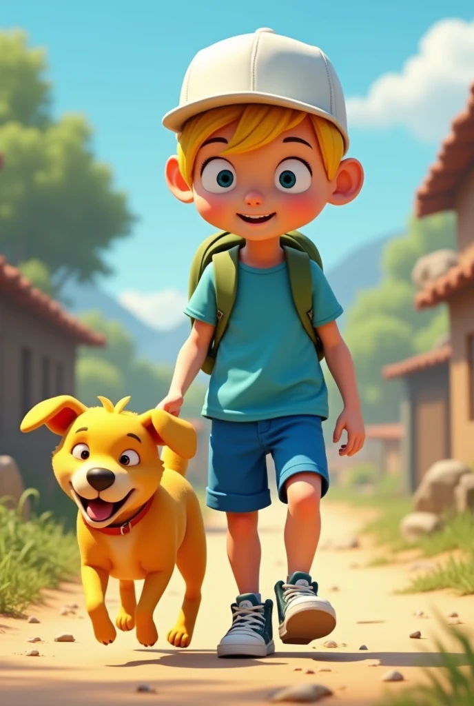 Do Finn He has a white cap and yellow hair, a blue shirt and blue shorts, he is 13 years old. He has a yellow dog.