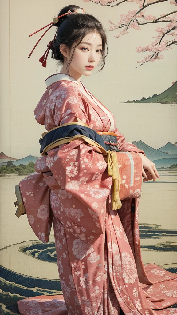(background:Cherry blossoms on the mountain are covered with mist)((Ukiyo-e))japanese art,or period,tokyo art, lily,Natural landscape.(masseter membrane、top quality、Ukiyo-e style、mystery、Exquisite and beautiful、official art、Sharaku:1.2)、(1 japanese girl in:1.3)、(fractal art:1.3)、cowboy shooting、White skin、(beautiful brunette、kimono:1.2)、With Japanese traditional performing arts as the background、colorful、(reel、Belongs to Japanese style:1.2)、
