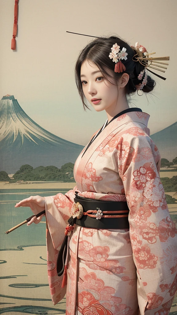 (background:Cherry blossoms on the mountain are covered with mist)((Ukiyo-e))japanese art,or period,tokyo art, lily,Natural landscape.(masseter membrane、top quality、Ukiyo-e style、mystery、Exquisite and beautiful、official art、Sharaku:1.2)、(1 japanese girl in:1.3)、(fractal art:1.3)、cowboy shooting、White skin、(beautiful brunette、kimono:1.2)、With Japanese traditional performing arts as the background、colorful、(reel、Belongs to Japanese style:1.2)、