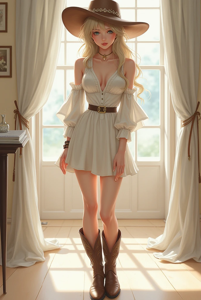 work of art, best qualityer, very aesthetic, columbina damselette /(genshin impact)/ genshin impact, white dress above the knee, cowboy boots and cowboy hat, pale skin and small breasts
