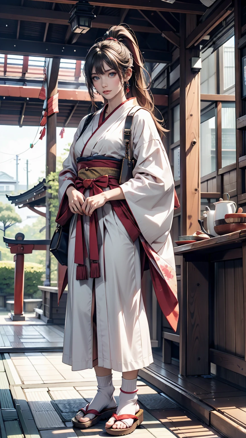 20-year-old Japan female、Unfashionable black hair、long hair、ponytail、Hakama 羽織Hakamaは日本の伝統的な女性の礼装で、着物にHakama(Bulged trousers)and Haori(Jacket)It is a combination of。tabi(journey、socks)、Sandals(For women)