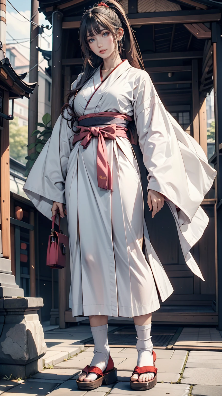 20-year-old Japan female、Unfashionable black hair、long hair、ponytail、Hakama　羽織Hakamaは日本の伝統的な女性の礼装で、着物にHakama（Bulged trousers）and Haori（Jacket）It is a combination of。tabi（journey、socks)、Sandals（For women)
