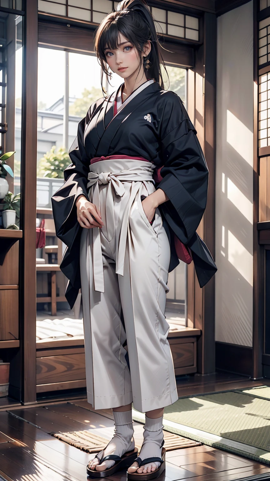 20-year-old Japan female、Unfashionable black hair、long hair、ponytail、Hakama 羽織Hakamaは日本の伝統的な女性の礼装で、着物にHakama(Bulged trousers)and Haori(Jacket)It is a combination of。tabi(journey、socks)、Sandals(For women)